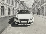 Weißer Audi vor historischer Straße – perfekt für Tuningteile & Autoteile