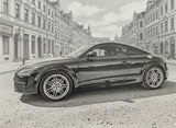 Stilvolles Tuning-Auto mit Leichtmetallfelgen auf historischer Straße – Performance-Teile & Styling-Zubehör
